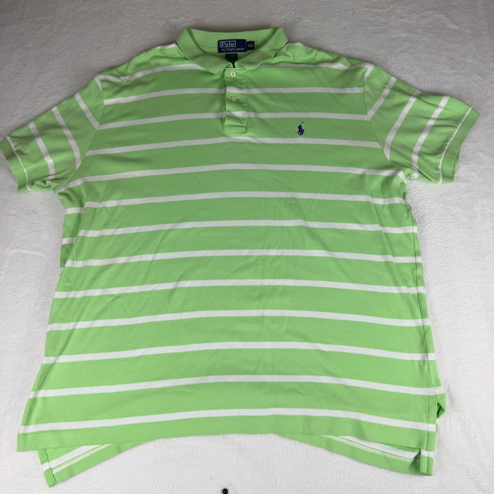 Vintage Polo Ralph Lauren Mens XXL Green White Striped Short Sleeve Polo Shirt